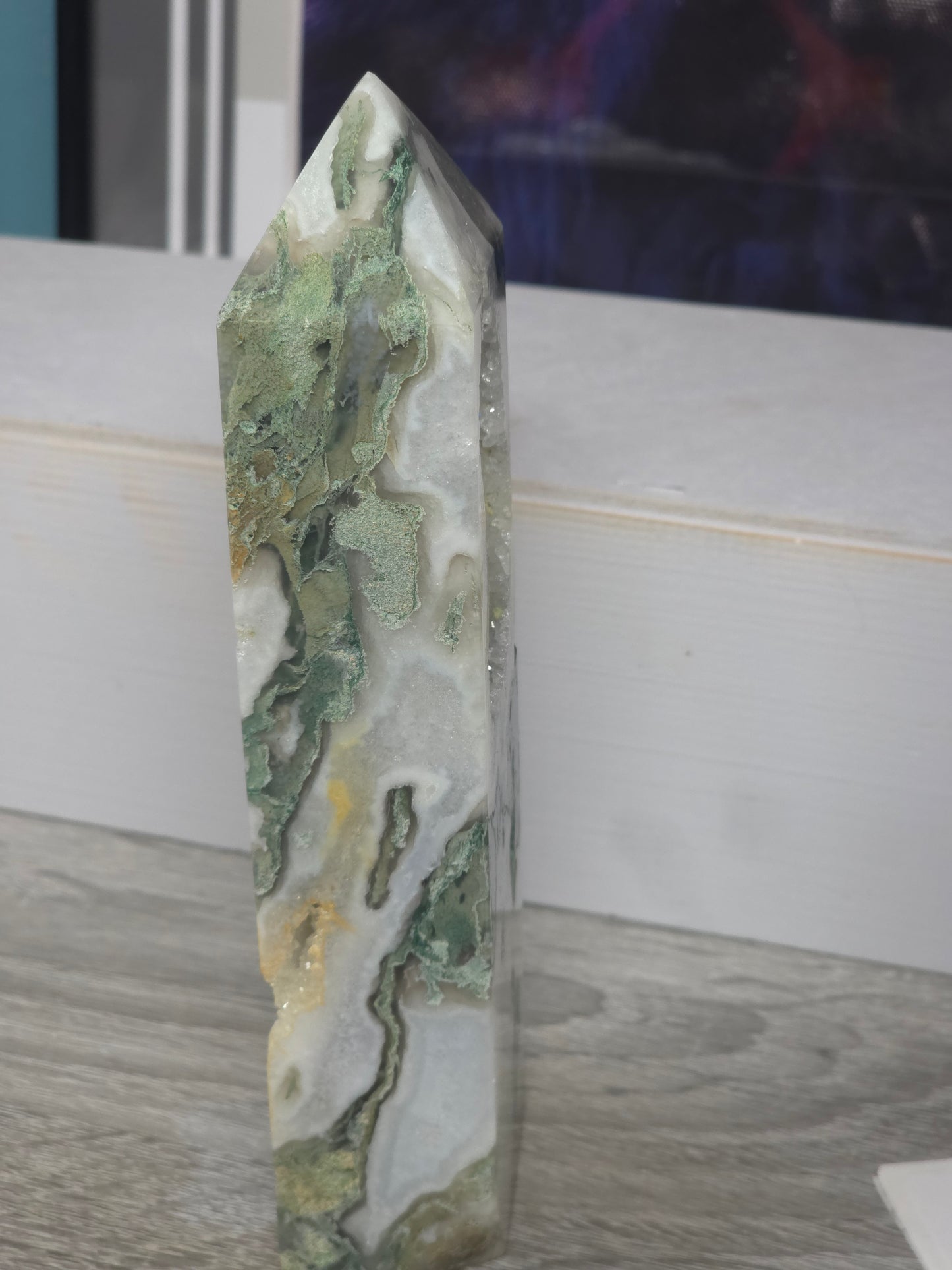 Moss agate druzy tower