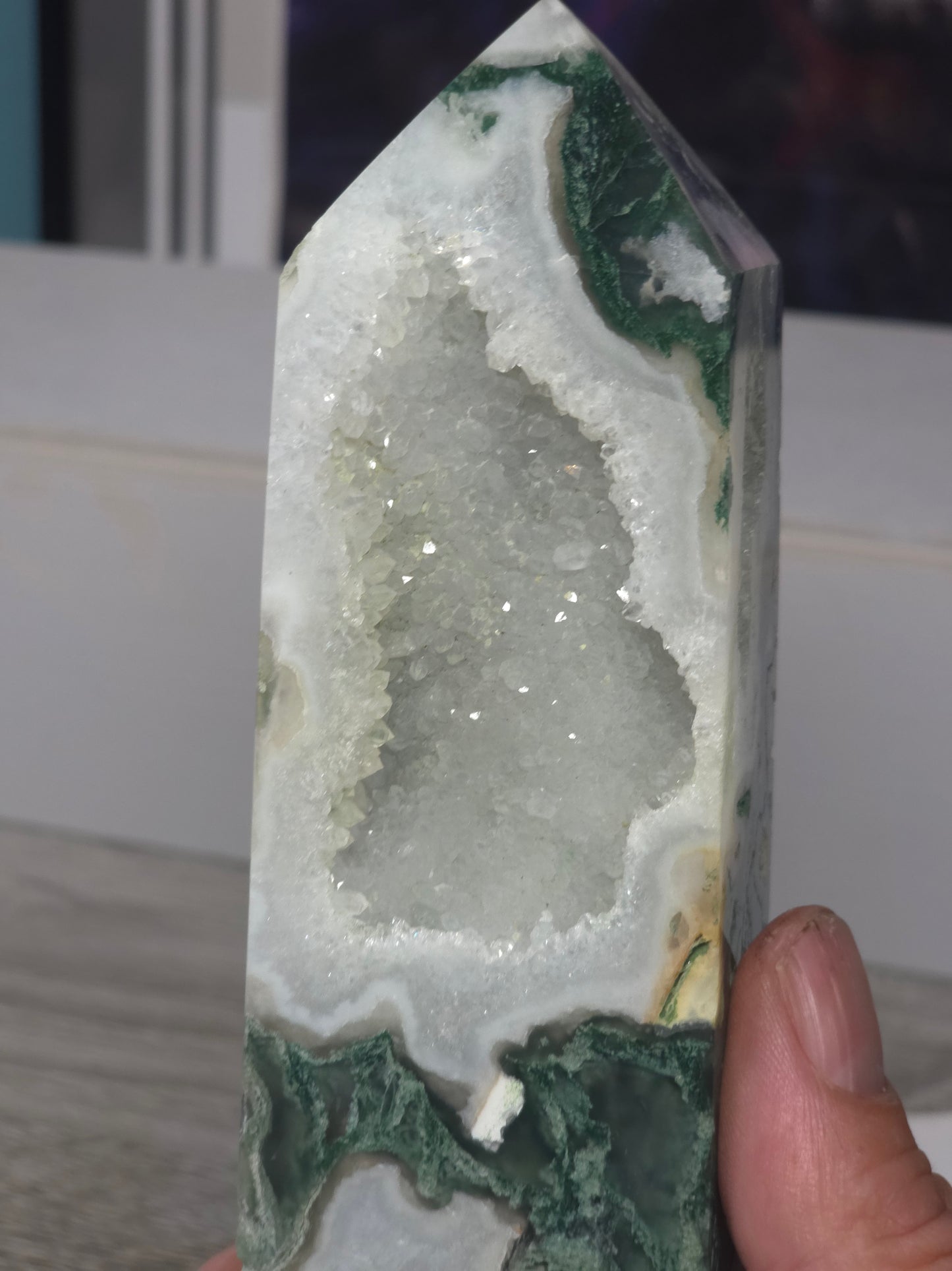 Moss agate druzy tower
