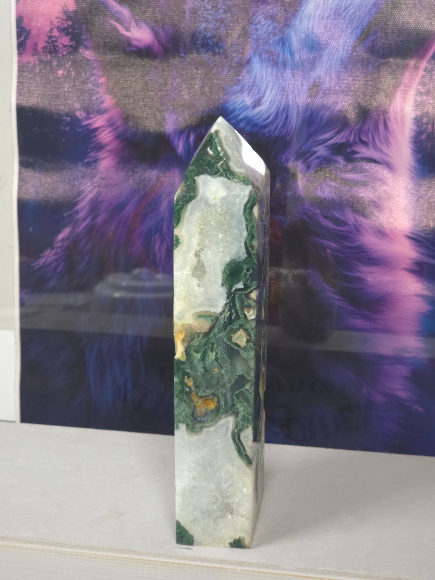 Moss agate druzy tower