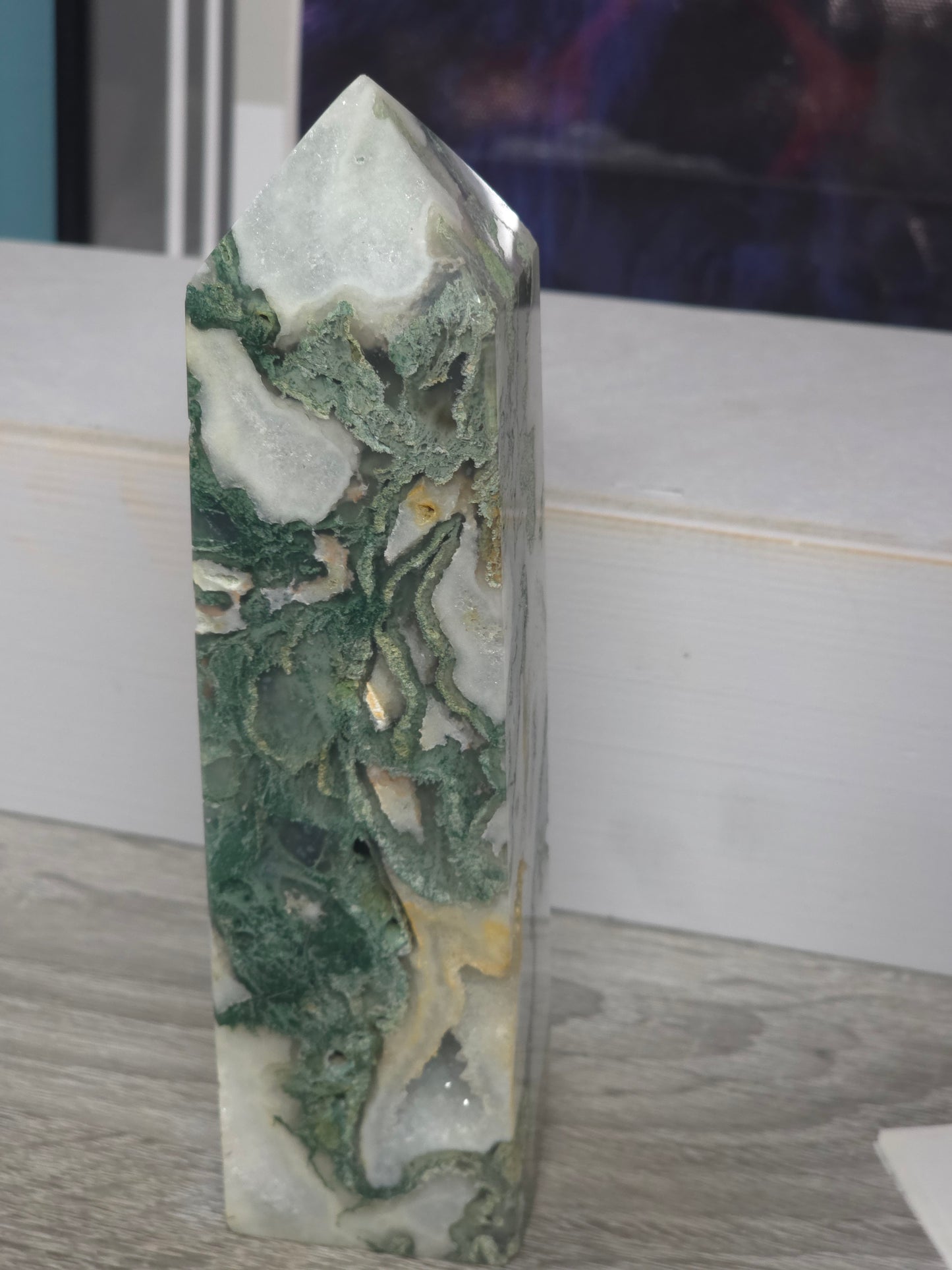Moss agate druzy tower