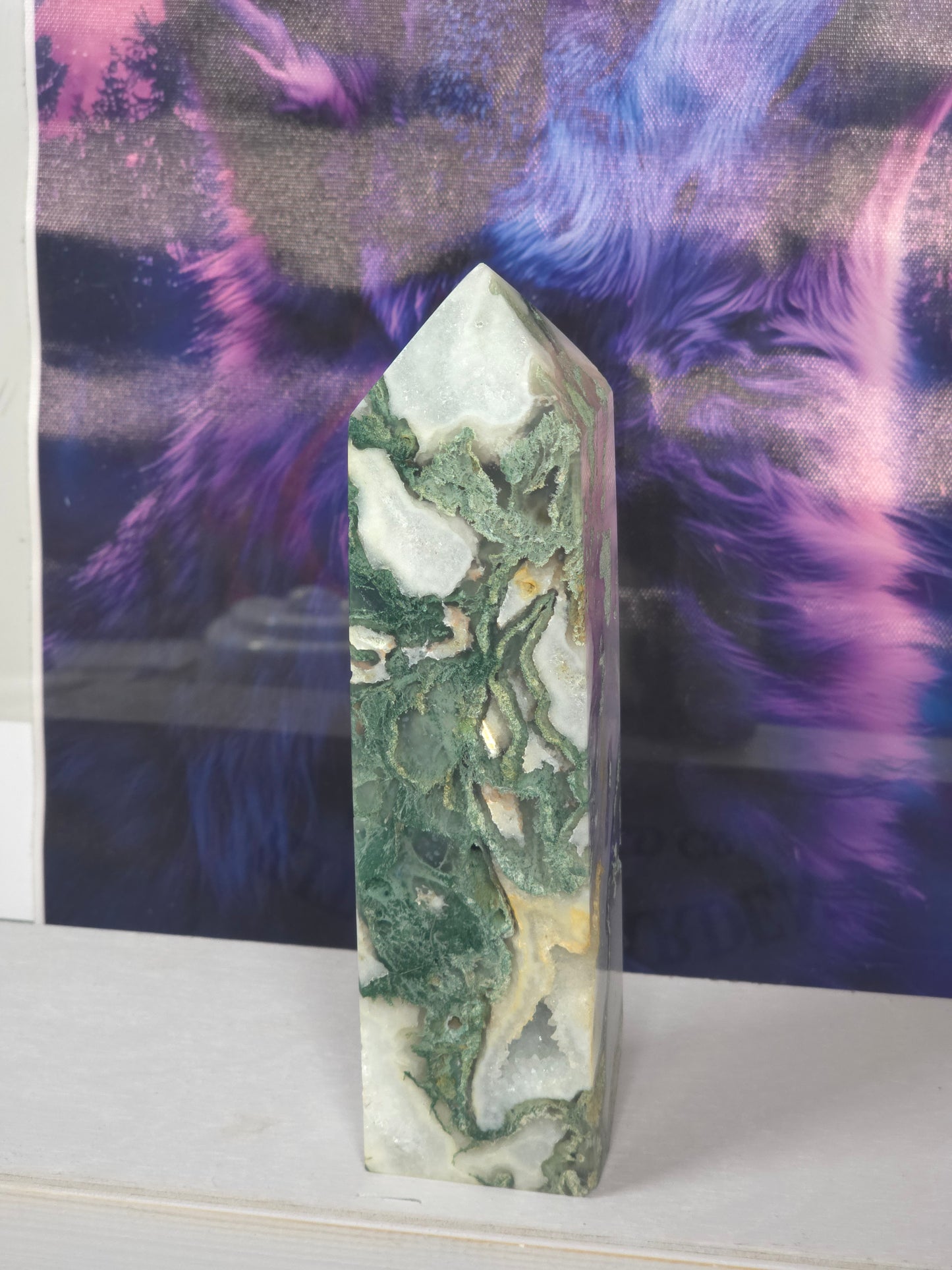 Moss agate druzy tower