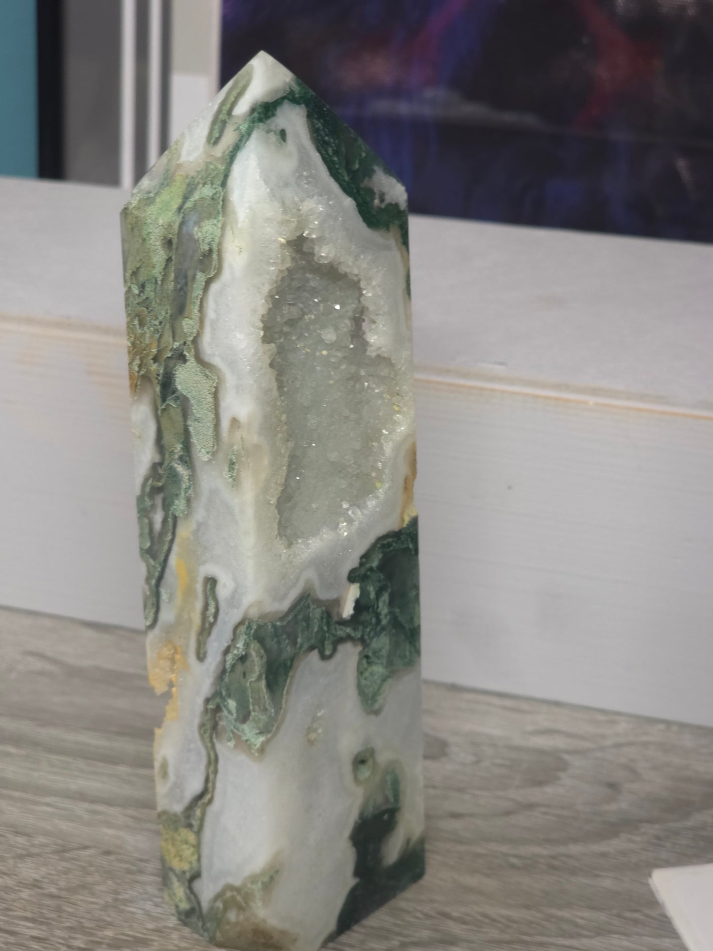 Moss agate druzy tower