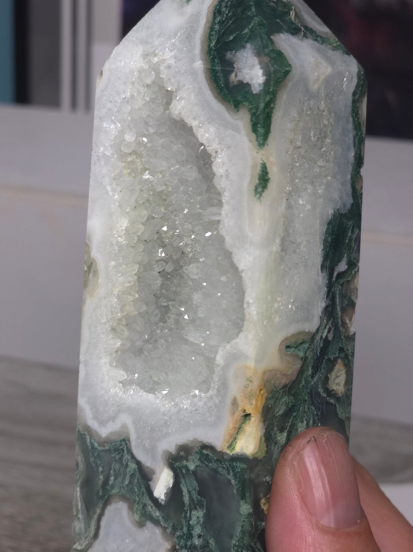 Moss agate druzy tower