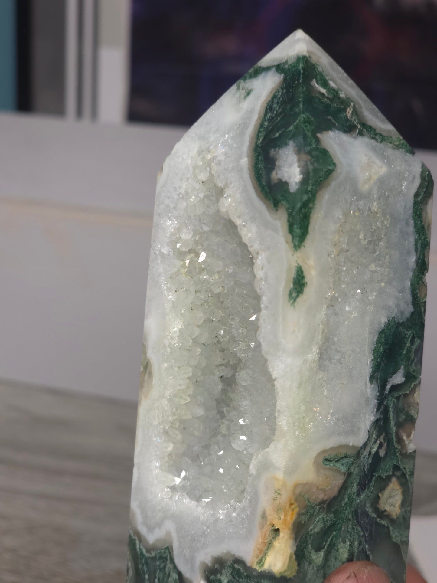 Moss agate druzy tower