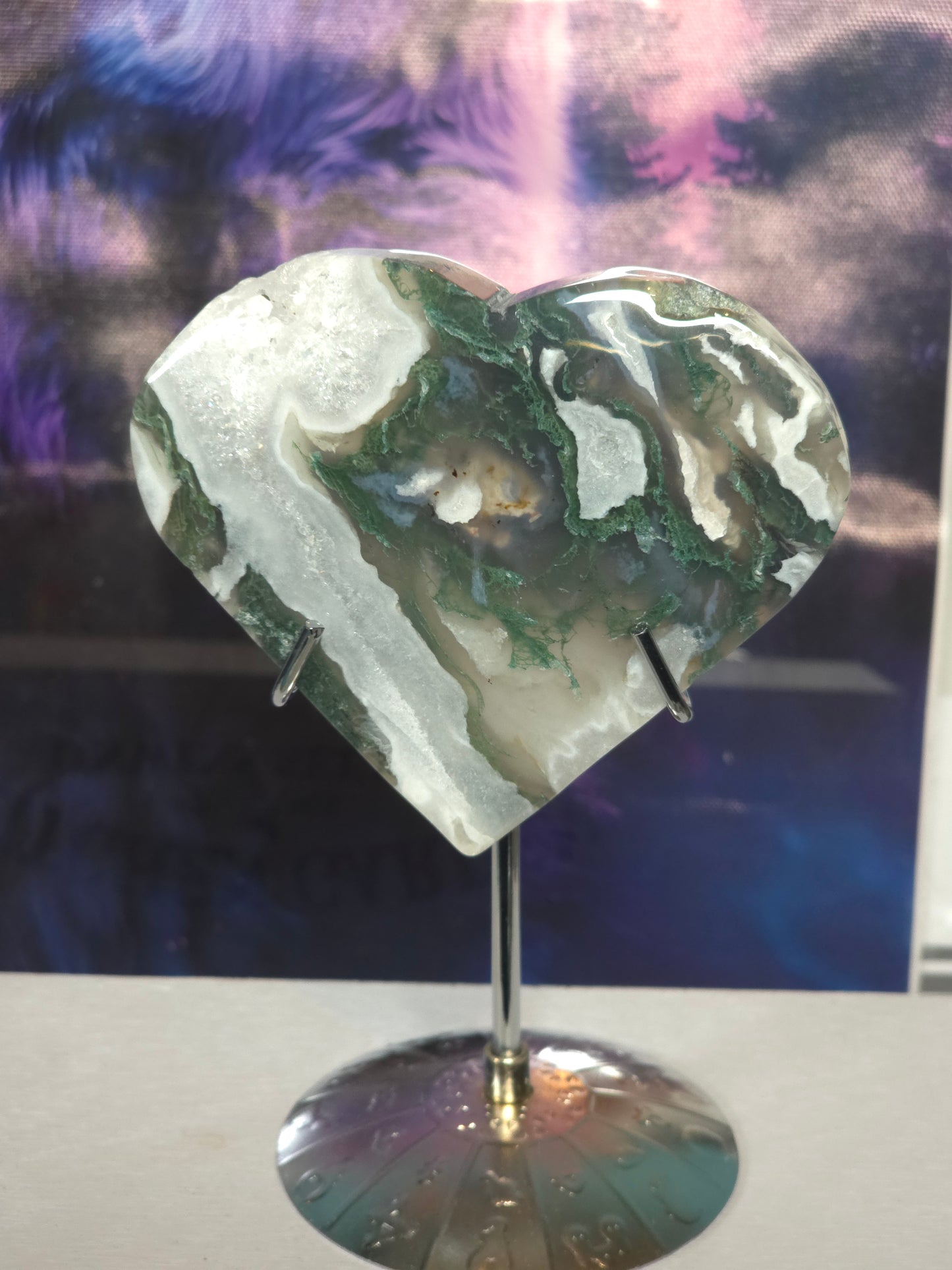 Moss agate heart on stand