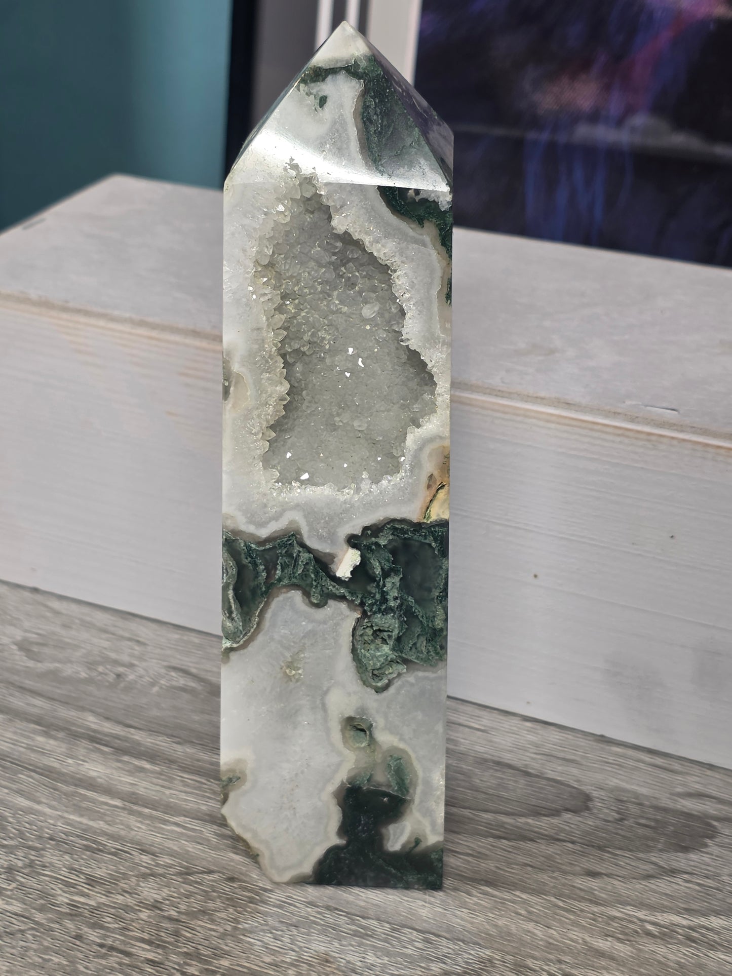 Moss agate druzy tower