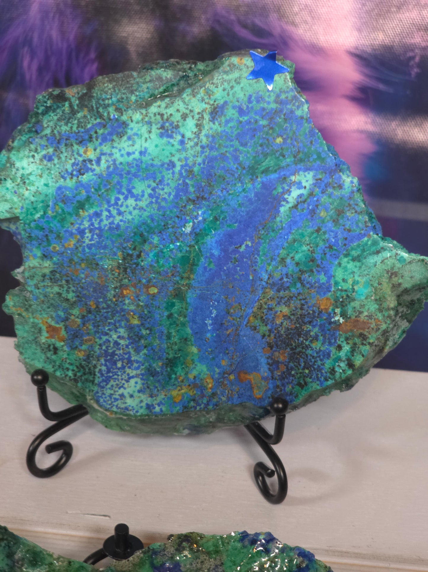Stunning azurite crysycolla slab on stand
