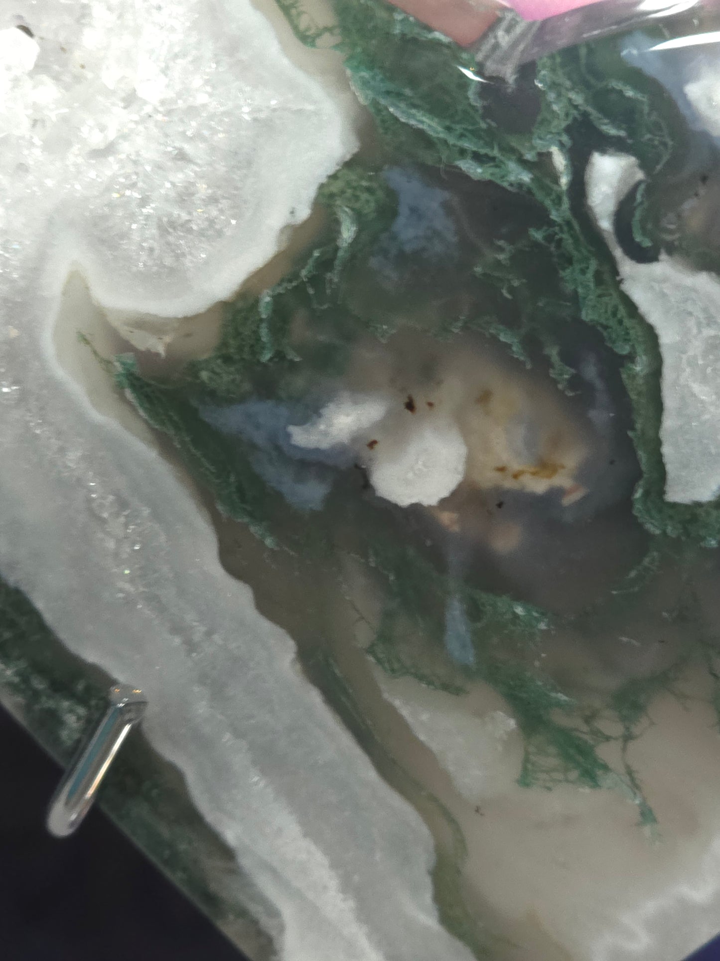 Moss agate heart on stand