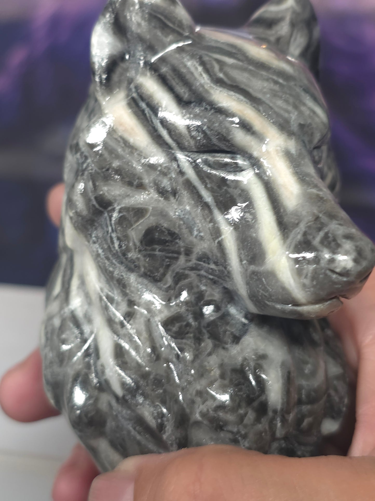 Marlke zebra jasper  large wolf bust 598grams
