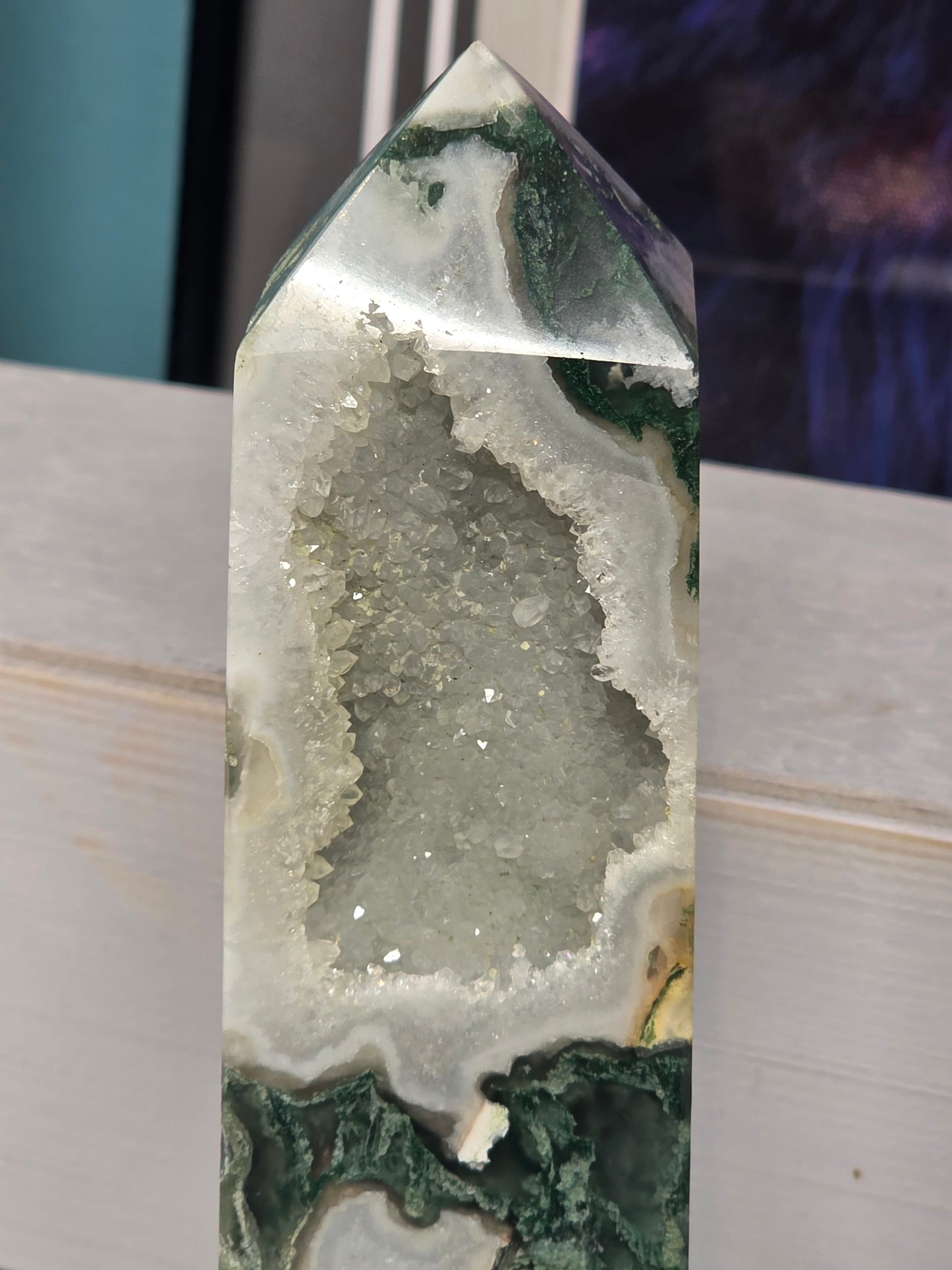 Moss agate druzy tower