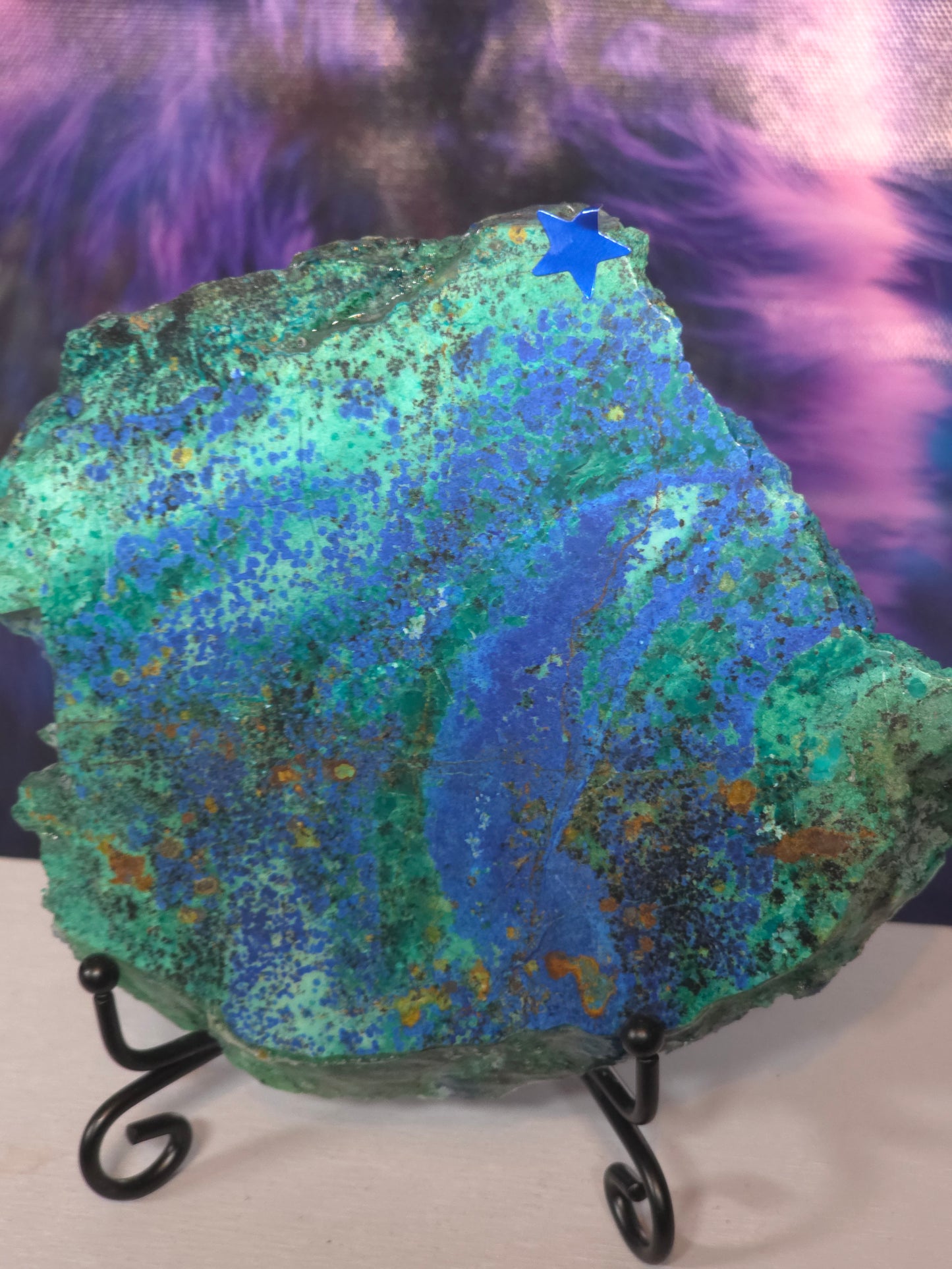 Stunning azurite crysycolla slab on stand