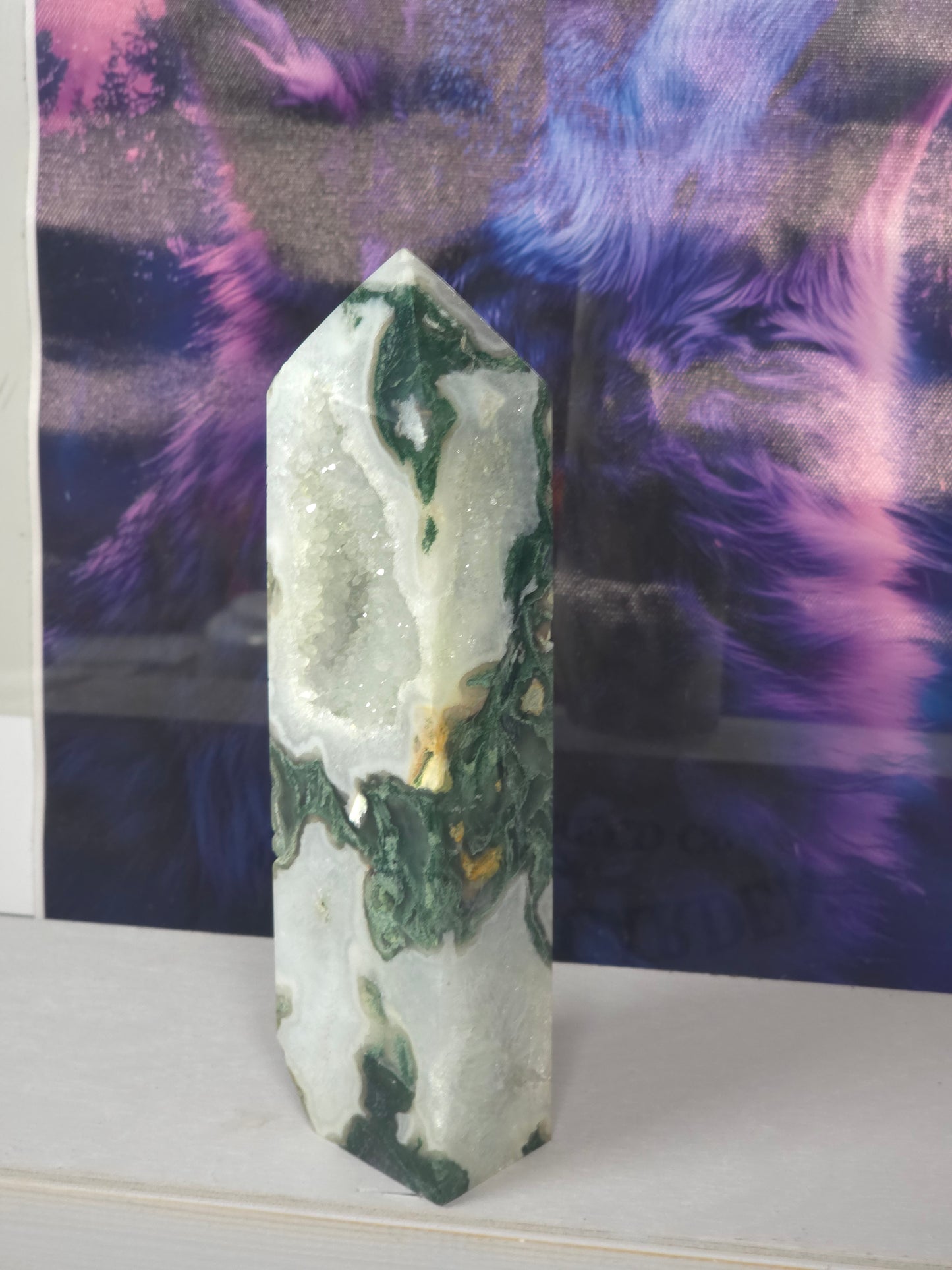Moss agate druzy tower