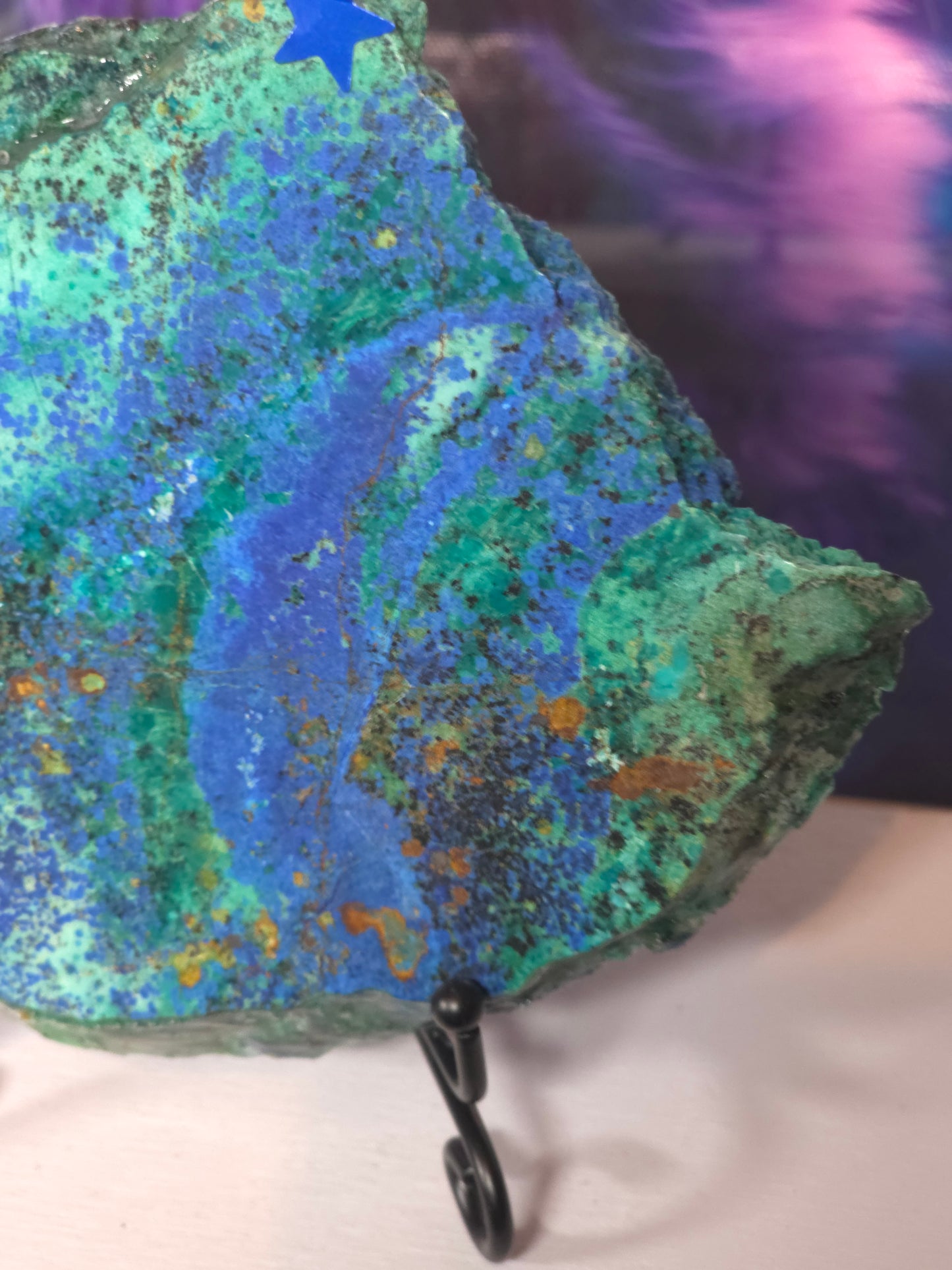 Stunning azurite crysycolla slab on stand