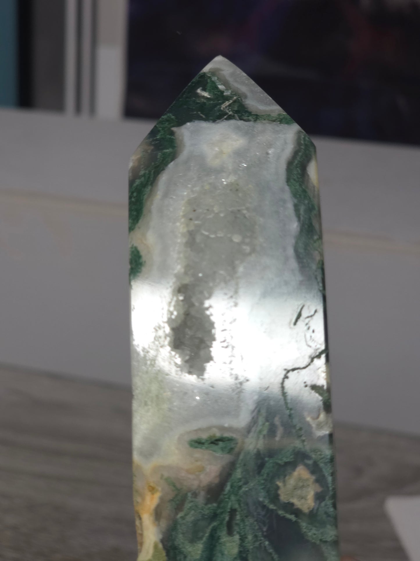 Moss agate druzy tower