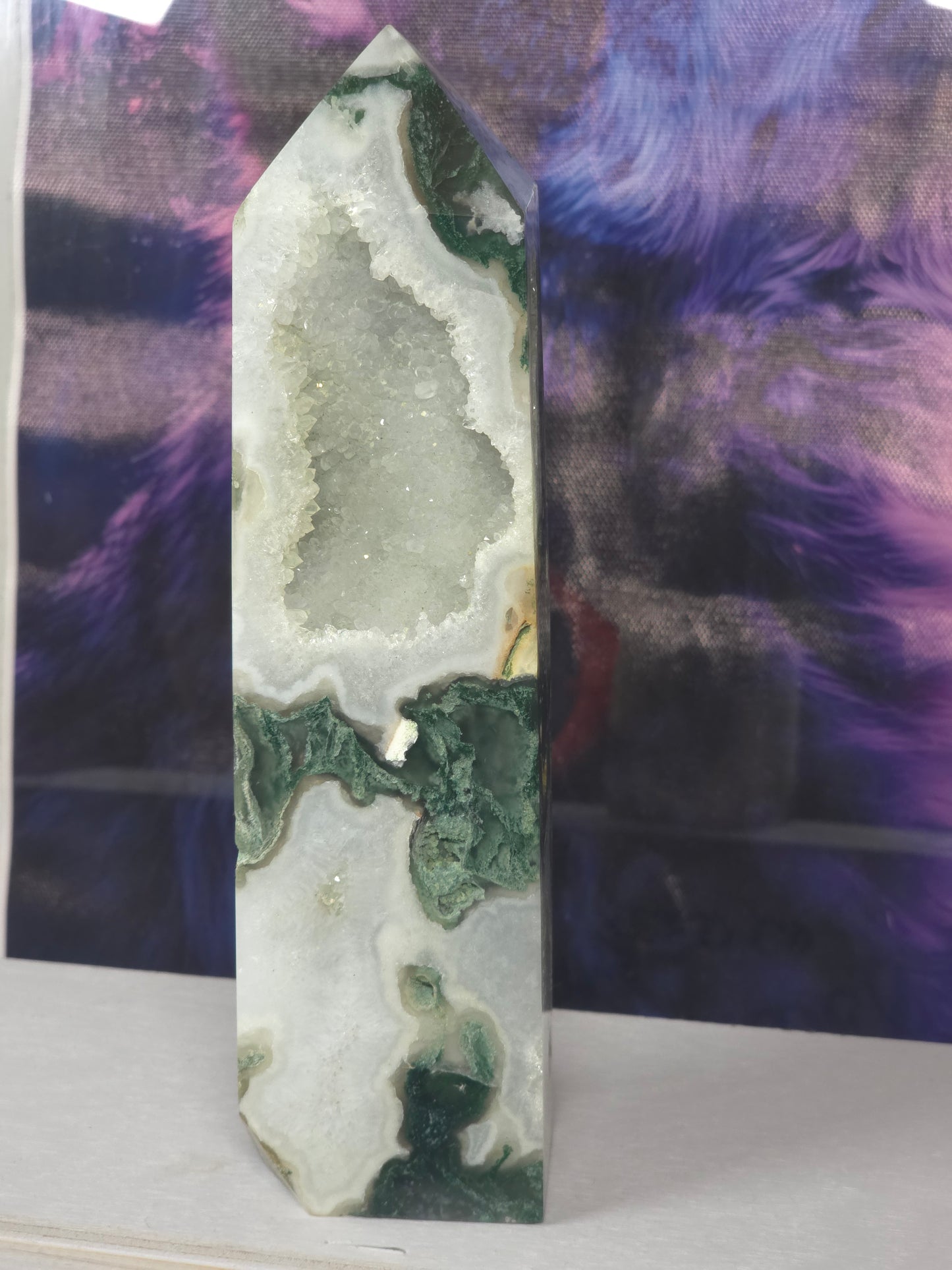 Moss agate druzy tower