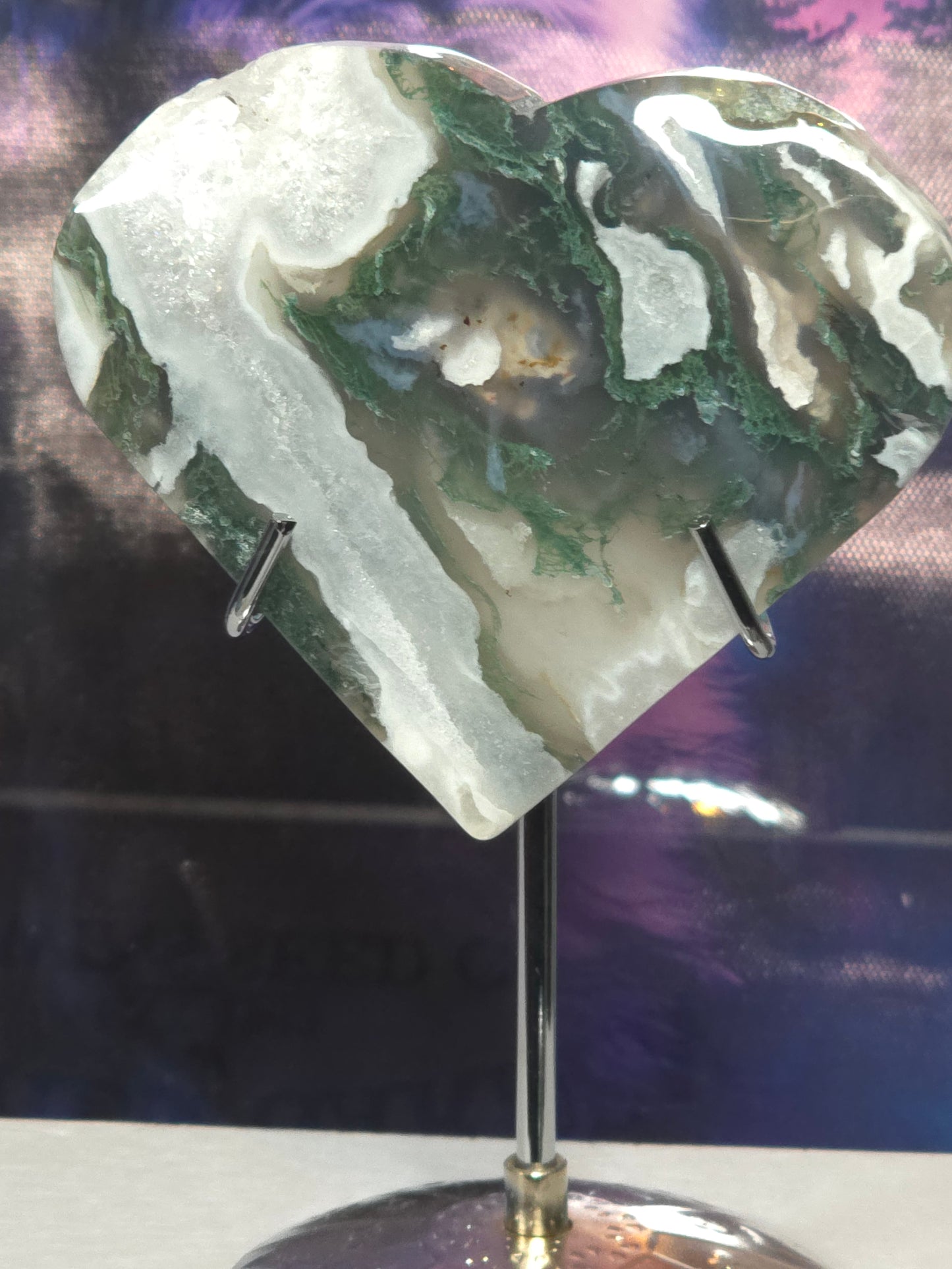Moss agate heart on stand