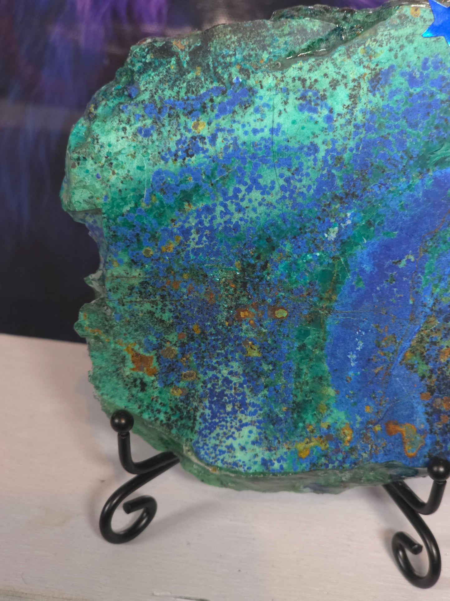 Stunning azurite and crysycolla on stand