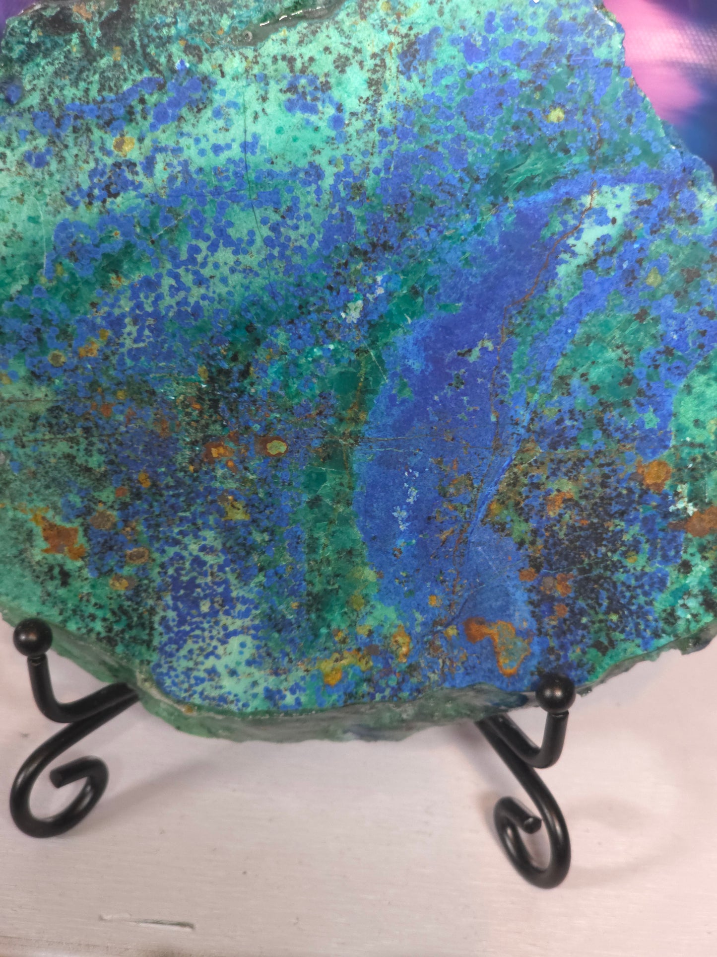 Stunning azurite and crysycolla on stand