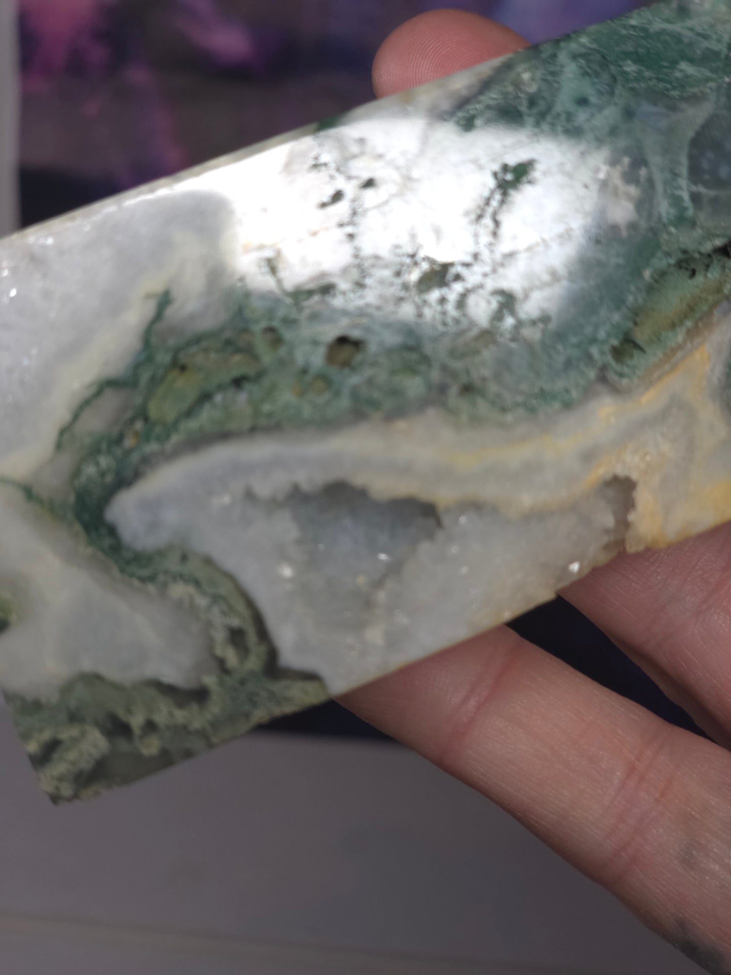 Moss agate druzy tower