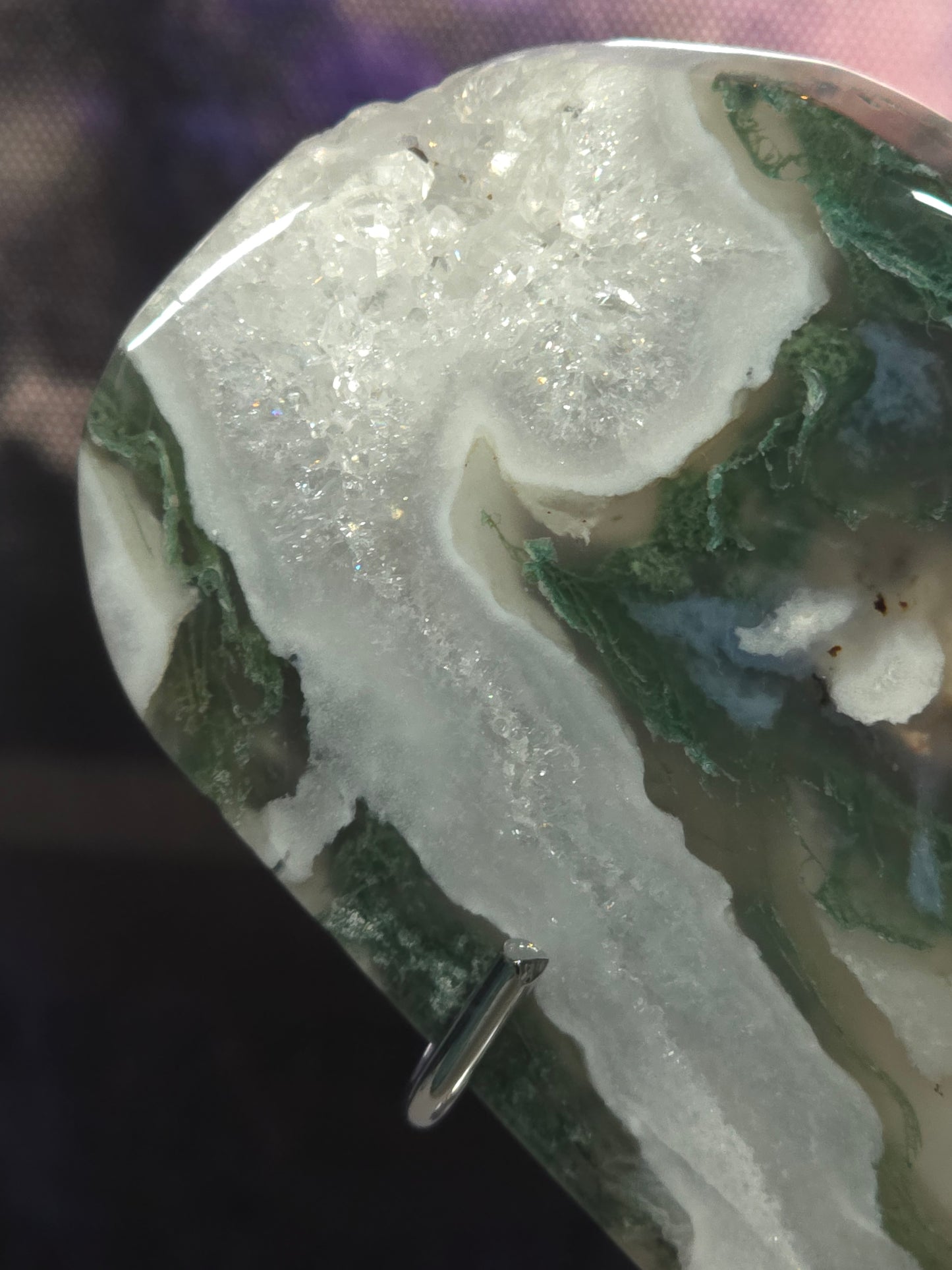Moss agate heart on stand